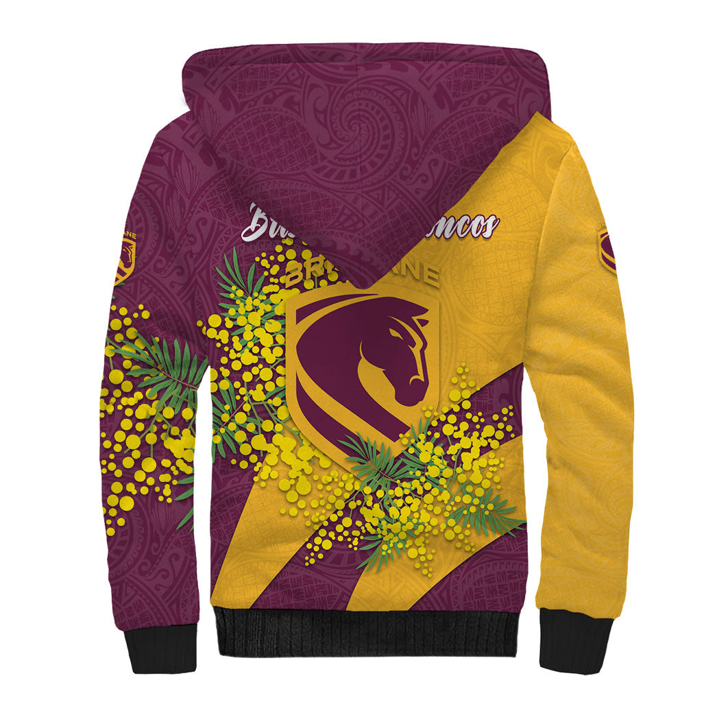 Brisbane Broncos Sherpa Hoodie Golden Wattle Floral Polynesian - Australian Flower - Rugby Mascot