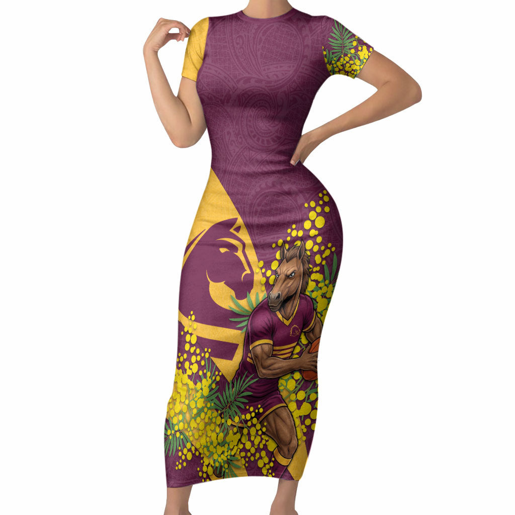 Brisbane Broncos Short Sleeve Bodycon Dress Golden Wattle Floral Polynesian - Australian Flower - Rugby Mascot