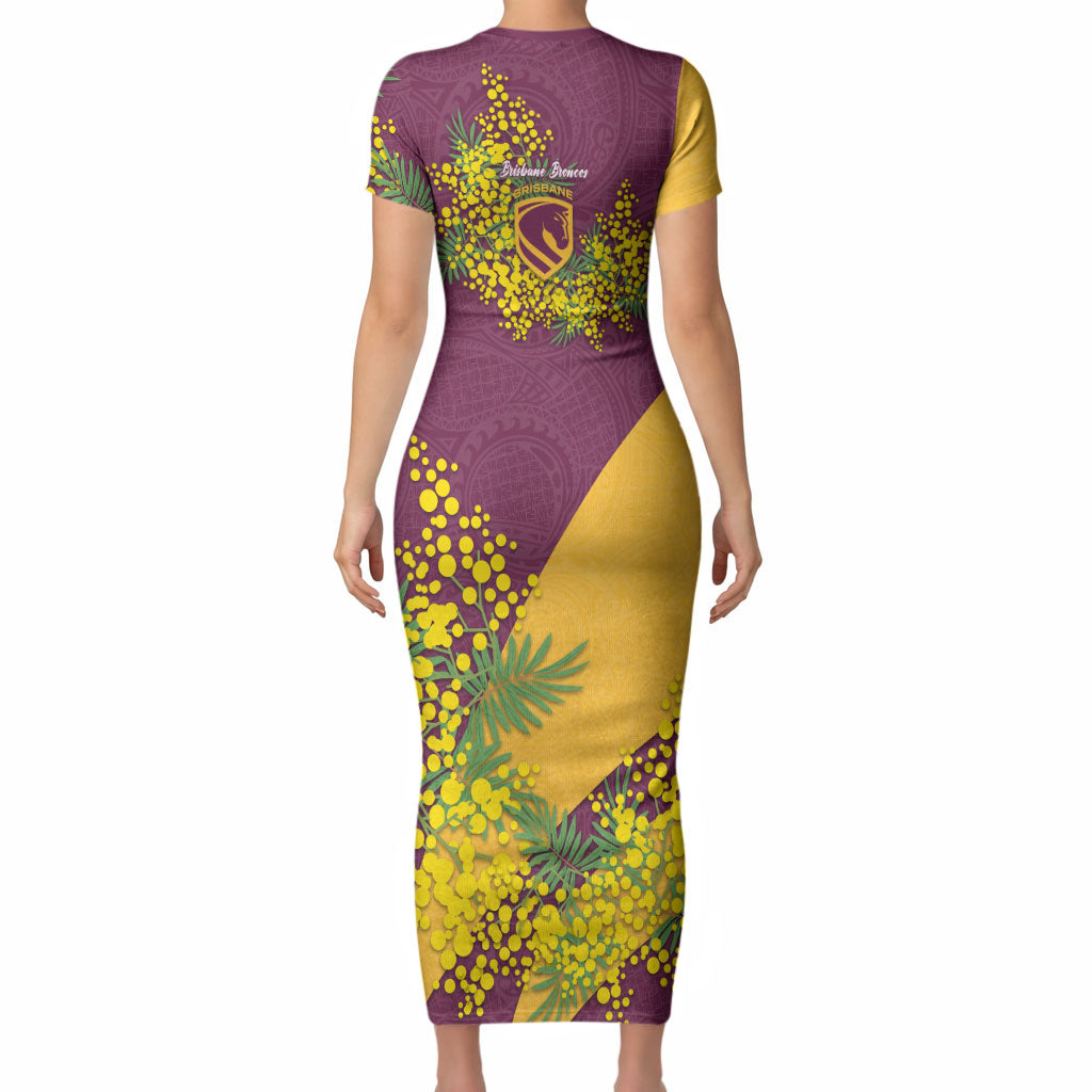 Brisbane Broncos Short Sleeve Bodycon Dress Golden Wattle Floral Polynesian - Australian Flower - Rugby Mascot