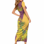 Brisbane Broncos Short Sleeve Bodycon Dress Golden Wattle Floral Polynesian - Australian Flower - Rugby Mascot