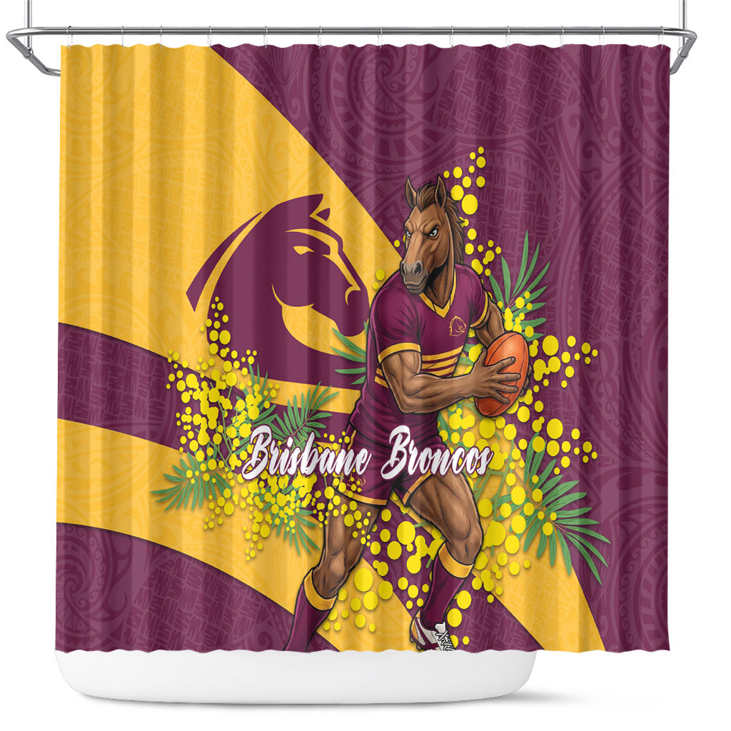 Brisbane Broncos Shower Curtain Golden Wattle Floral Polynesian - Australian Flower - Rugby Mascot