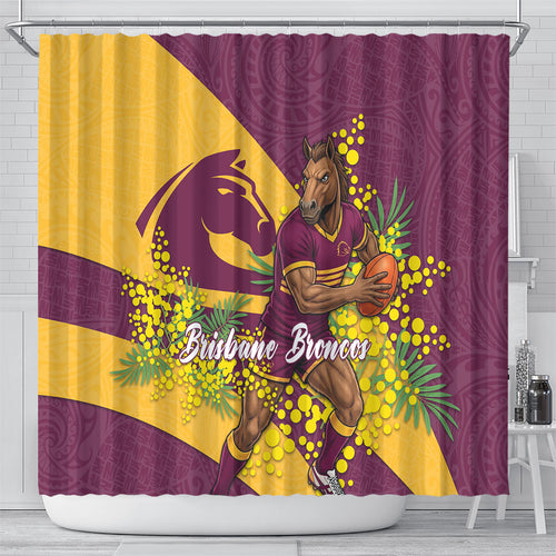Brisbane Broncos Shower Curtain Golden Wattle Floral Polynesian - Australian Flower - Rugby Mascot