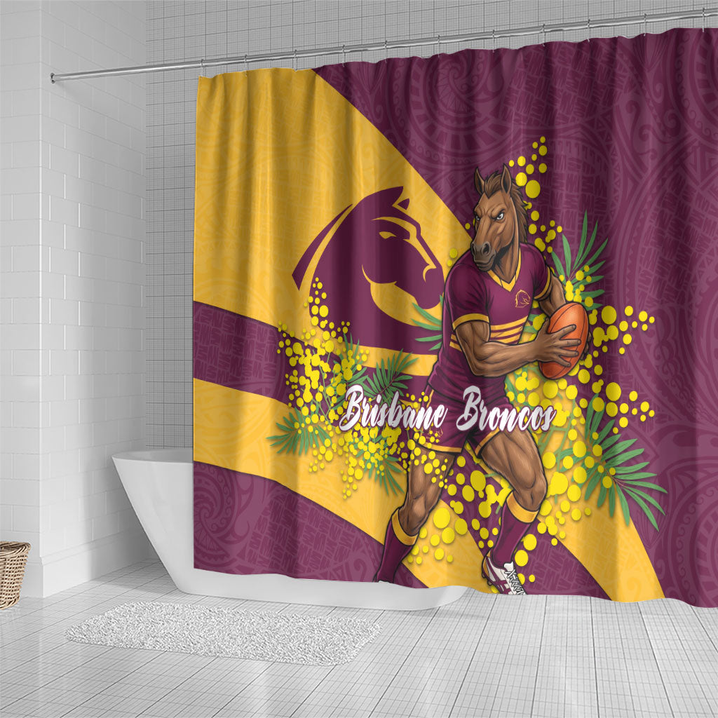 Brisbane Broncos Shower Curtain Golden Wattle Floral Polynesian - Australian Flower - Rugby Mascot
