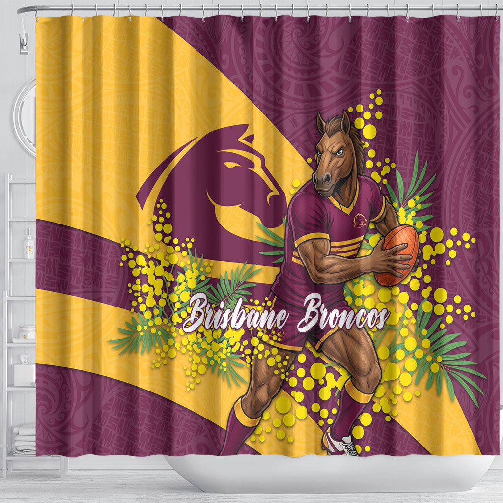 Brisbane Broncos Shower Curtain Golden Wattle Floral Polynesian - Australian Flower - Rugby Mascot