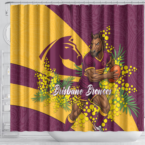 Brisbane Broncos Shower Curtain Golden Wattle Floral Polynesian - Australian Flower - Rugby Mascot