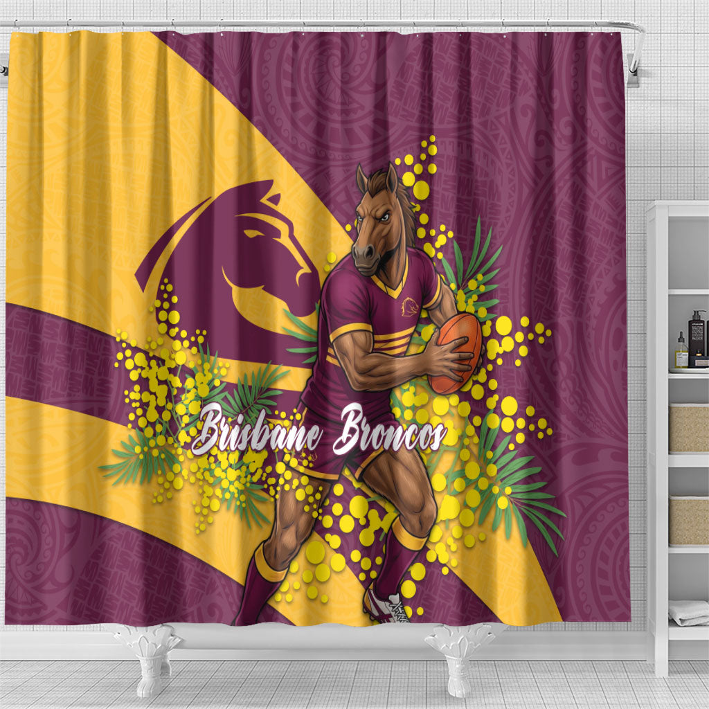 Brisbane Broncos Shower Curtain Golden Wattle Floral Polynesian - Australian Flower - Rugby Mascot