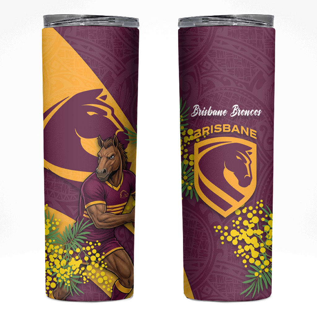 Brisbane Broncos Skinny Tumbler Golden Wattle Floral Polynesian - Australian Flower - Rugby Mascot
