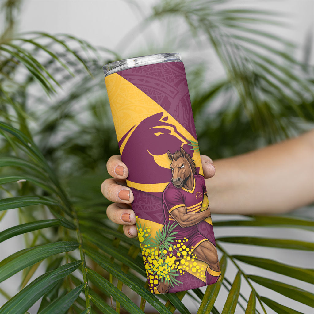 Brisbane Broncos Skinny Tumbler Golden Wattle Floral Polynesian - Australian Flower - Rugby Mascot