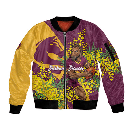 Brisbane Broncos Sleeve Zip Bomber Jacket Golden Wattle Floral Polynesian - Australian Flower - Rugby Mascot
