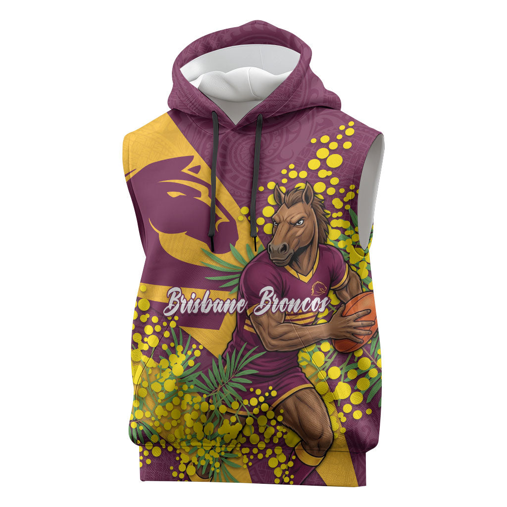 Brisbane Broncos Sleeveless Hoodie Golden Wattle Floral Polynesian - Australian Flower - Rugby Mascot