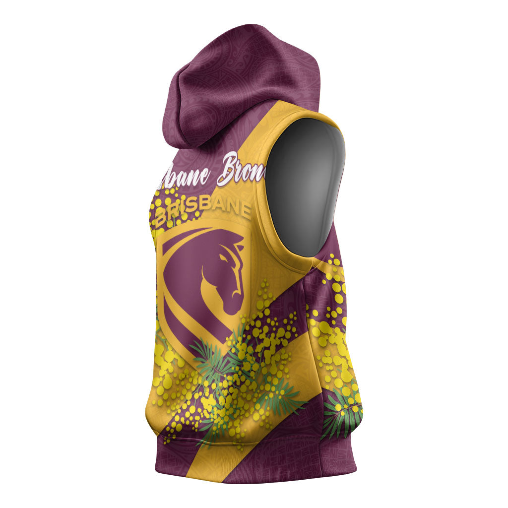 Brisbane Broncos Sleeveless Hoodie Golden Wattle Floral Polynesian - Australian Flower - Rugby Mascot