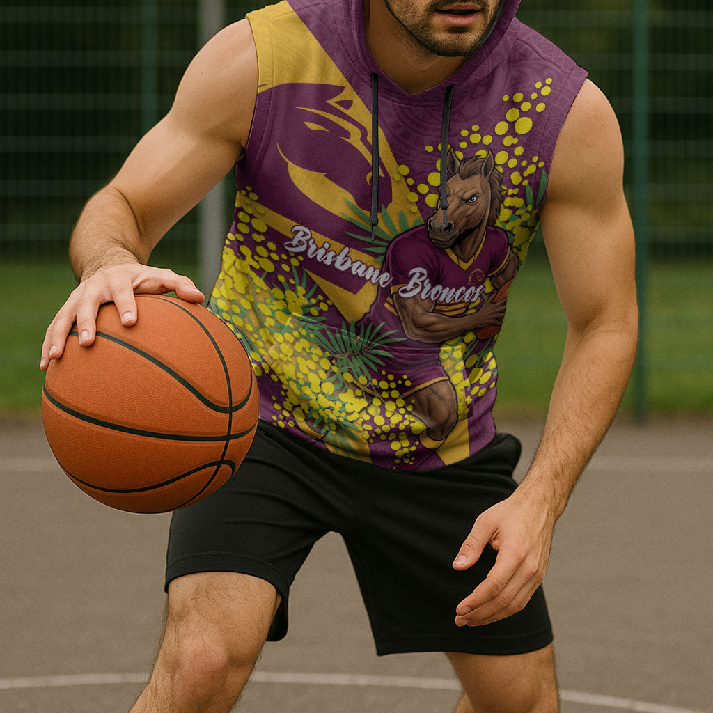 Brisbane Broncos Sleeveless Hoodie Golden Wattle Floral Polynesian - Australian Flower - Rugby Mascot