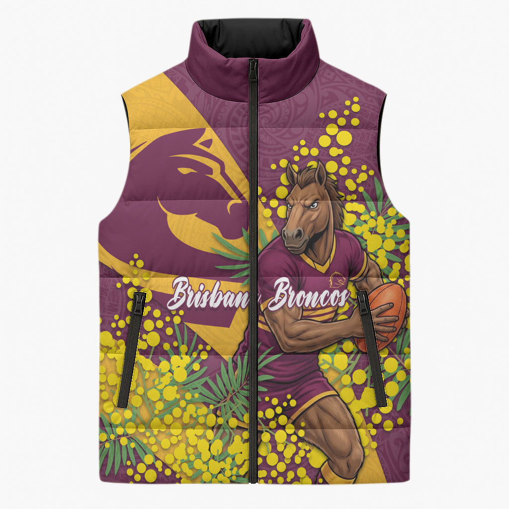 Brisbane Broncos Sleeveless Puffer Jacket Golden Wattle Floral Polynesian - Australian Flower - Rugby Mascot
