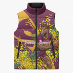 Brisbane Broncos Sleeveless Puffer Jacket Golden Wattle Floral Polynesian - Australian Flower - Rugby Mascot