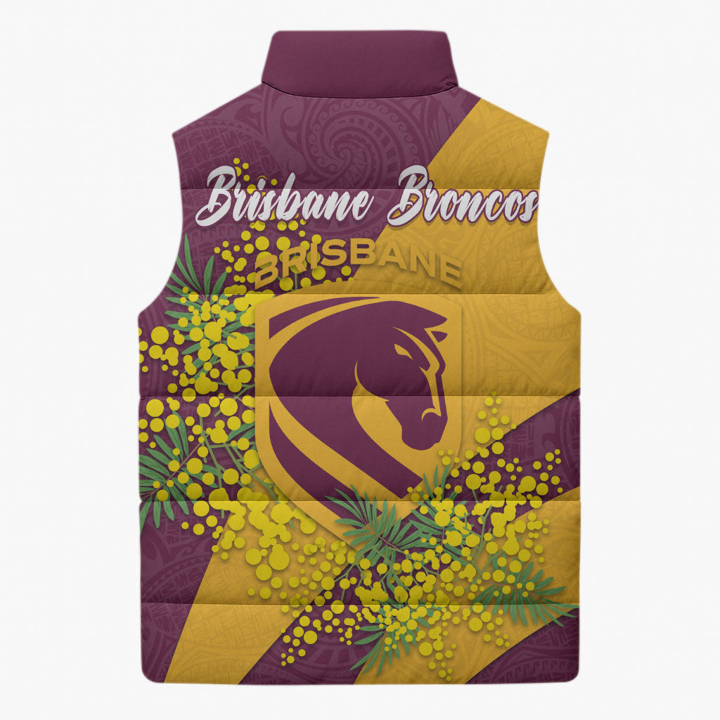 Brisbane Broncos Sleeveless Puffer Jacket Golden Wattle Floral Polynesian - Australian Flower - Rugby Mascot