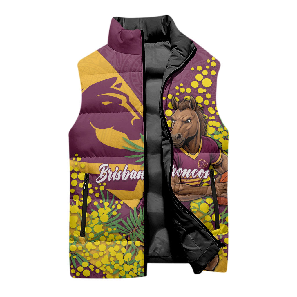 Brisbane Broncos Sleeveless Puffer Jacket Golden Wattle Floral Polynesian - Australian Flower - Rugby Mascot