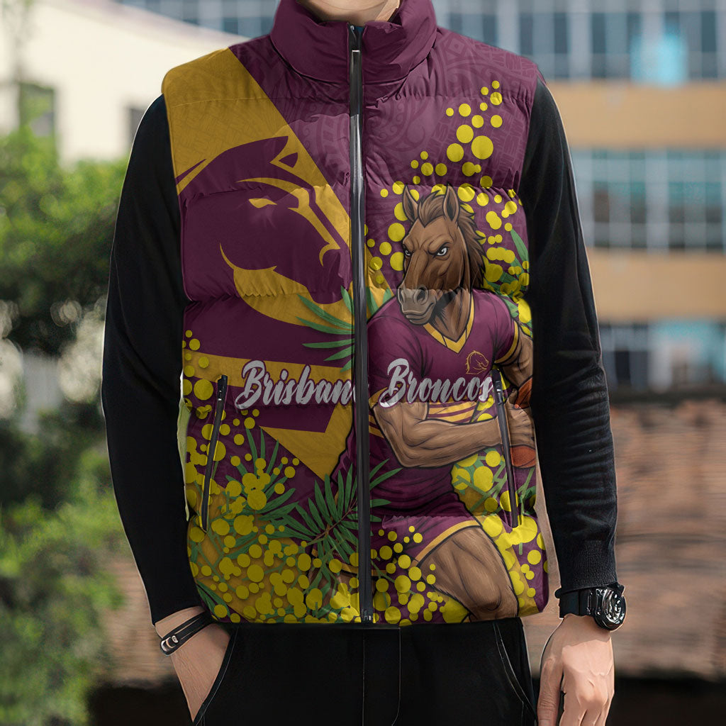 Brisbane Broncos Sleeveless Puffer Jacket Golden Wattle Floral Polynesian - Australian Flower - Rugby Mascot