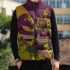 Brisbane Broncos Sleeveless Puffer Jacket Golden Wattle Floral Polynesian - Australian Flower - Rugby Mascot