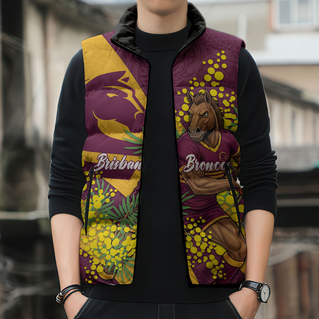 Brisbane Broncos Sleeveless Puffer Jacket Golden Wattle Floral Polynesian - Australian Flower - Rugby Mascot
