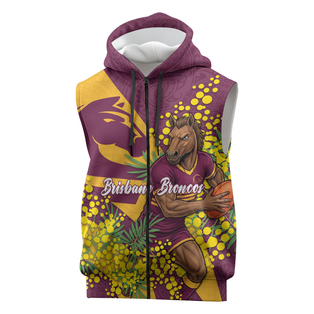 Brisbane Broncos Sleeveless Zip Hoodie Golden Wattle Floral Polynesian - Australian Flower - Rugby Mascot