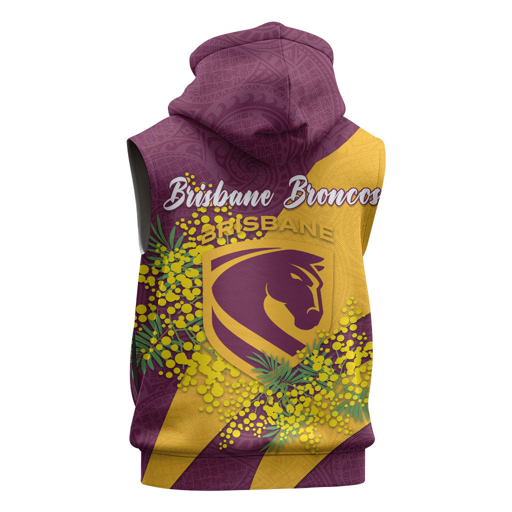 Brisbane Broncos Sleeveless Zip Hoodie Golden Wattle Floral Polynesian - Australian Flower - Rugby Mascot