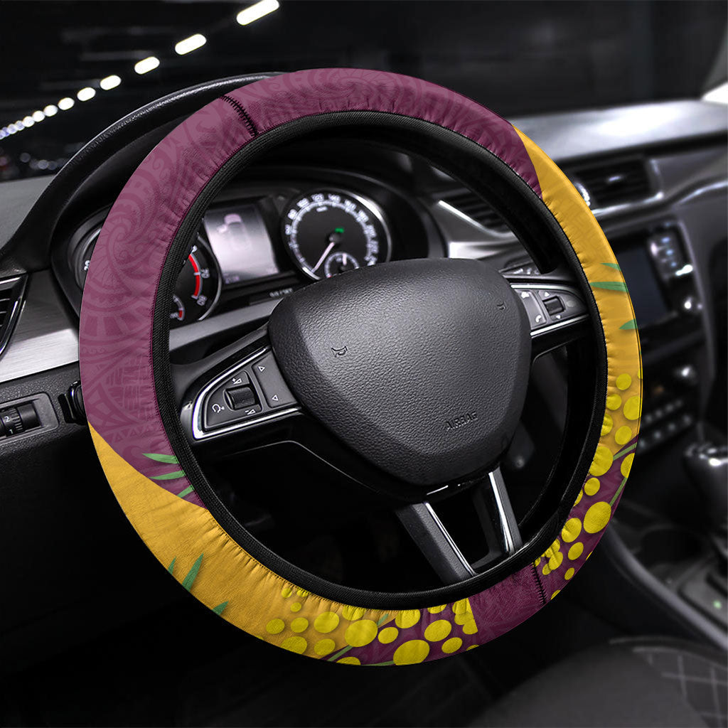 Brisbane Broncos Steering Wheel Cover Golden Wattle Floral Polynesian - Australian Flower - Rugby Mascot