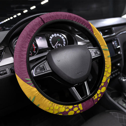 Brisbane Broncos Steering Wheel Cover Golden Wattle Floral Polynesian - Australian Flower - Rugby Mascot