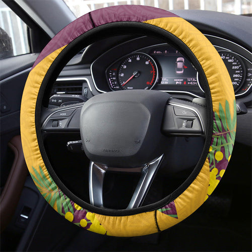 Brisbane Broncos Steering Wheel Cover Golden Wattle Floral Polynesian - Australian Flower - Rugby Mascot
