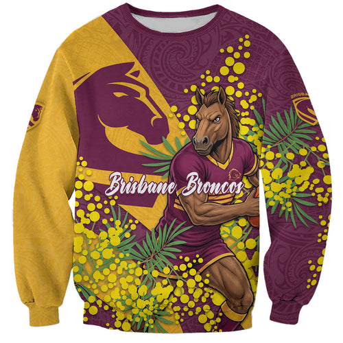 Brisbane Broncos Sweatshirt Golden Wattle Floral Polynesian - Australian Flower - Rugby Mascot