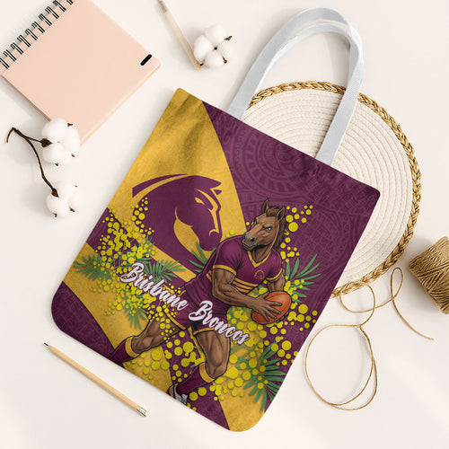 Brisbane Broncos Tote Bag Golden Wattle Floral Polynesian - Australian Flower - Rugby Mascot