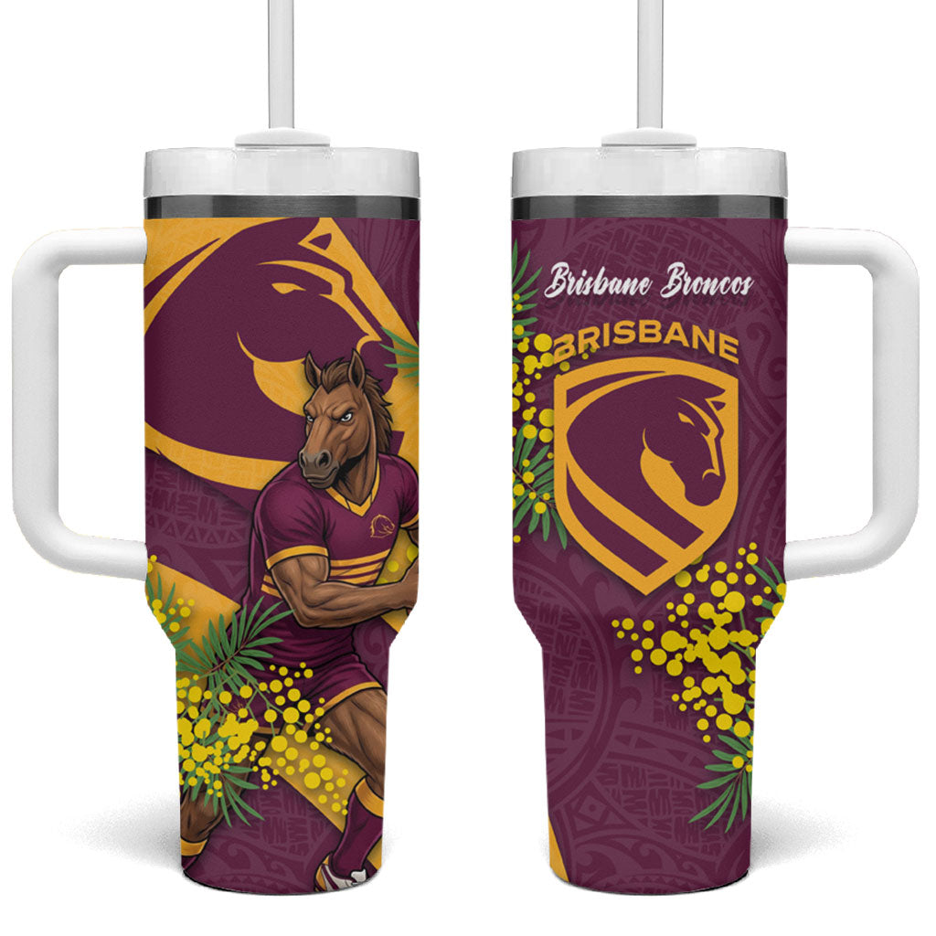 Brisbane Broncos Tumbler With Handle Golden Wattle Floral Polynesian - Australian Flower - Rugby Mascot
