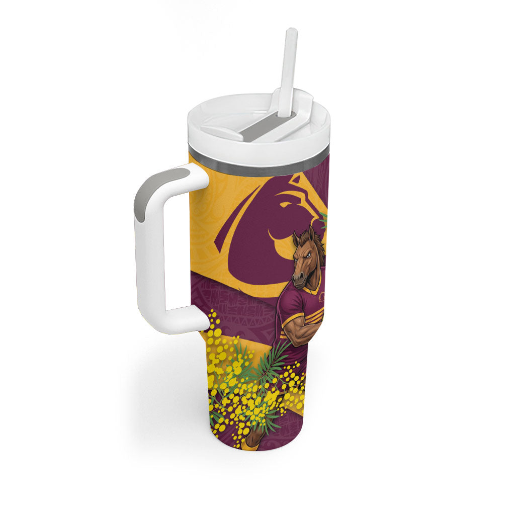 Brisbane Broncos Tumbler With Handle Golden Wattle Floral Polynesian - Australian Flower - Rugby Mascot