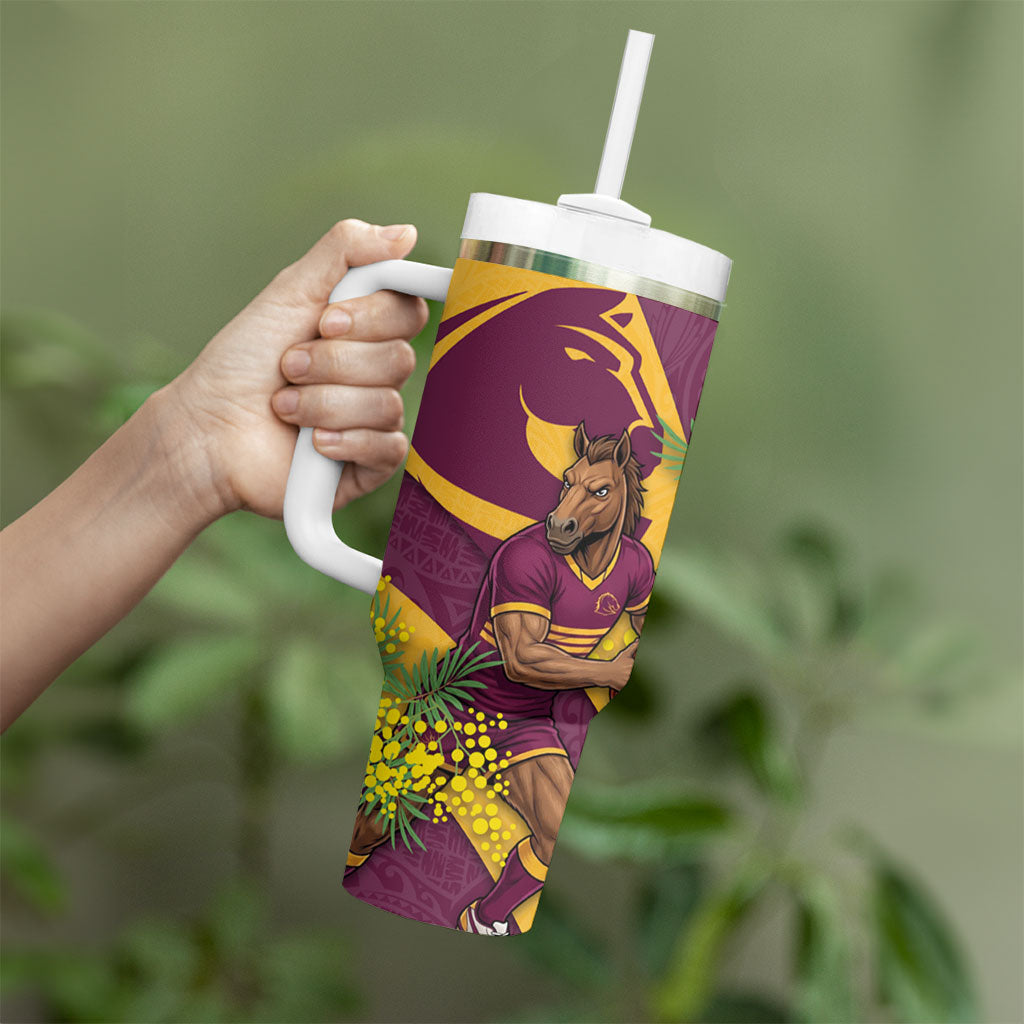 Brisbane Broncos Tumbler With Handle Golden Wattle Floral Polynesian - Australian Flower - Rugby Mascot