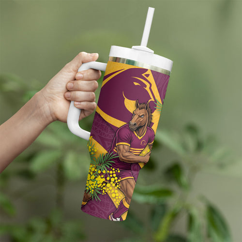 Brisbane Broncos Tumbler With Handle Golden Wattle Floral Polynesian - Australian Flower - Rugby Mascot