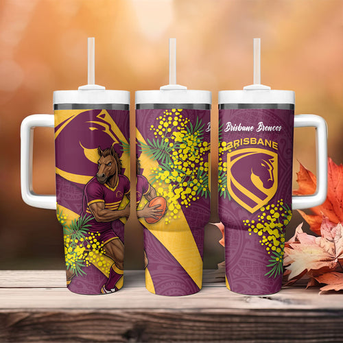 Brisbane Broncos Tumbler With Handle Golden Wattle Floral Polynesian - Australian Flower - Rugby Mascot