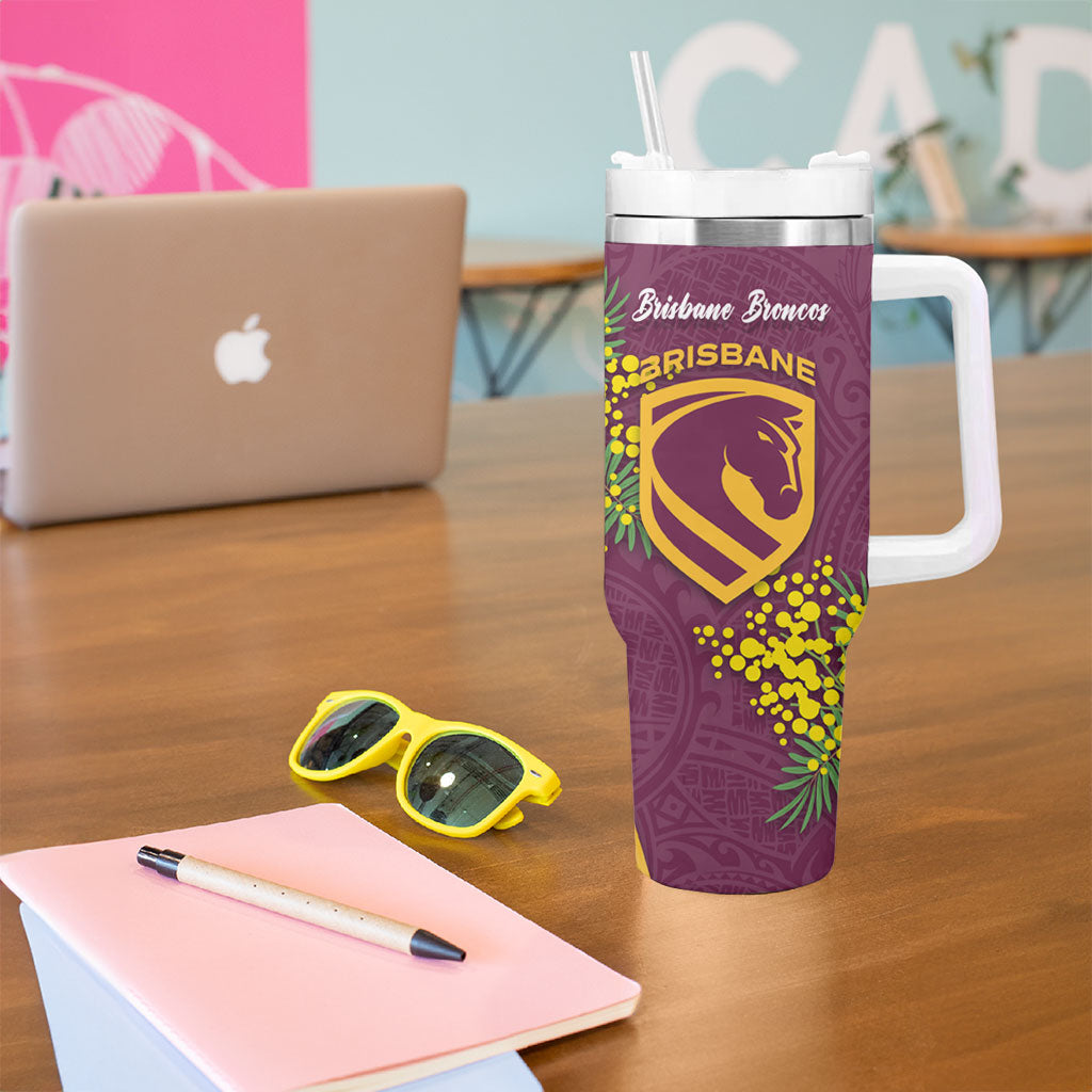 Brisbane Broncos Tumbler With Handle Golden Wattle Floral Polynesian - Australian Flower - Rugby Mascot