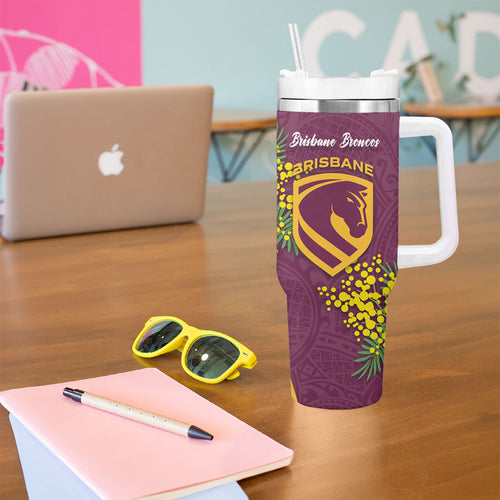 Brisbane Broncos Tumbler With Handle Golden Wattle Floral Polynesian - Australian Flower - Rugby Mascot