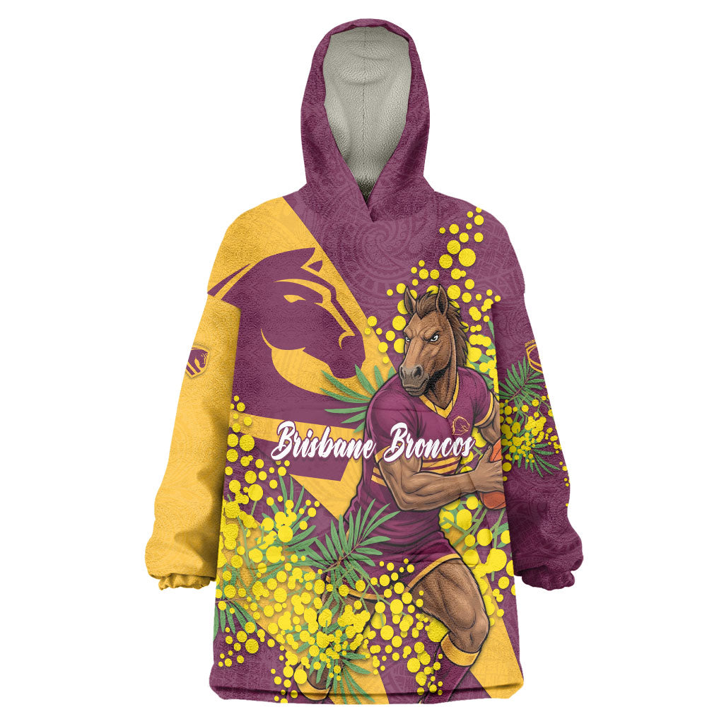 Brisbane Broncos Wearable Blanket Hoodie Golden Wattle Floral Polynesian - Australian Flower - Rugby Mascot