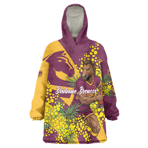 Brisbane Broncos Wearable Blanket Hoodie Golden Wattle Floral Polynesian - Australian Flower - Rugby Mascot