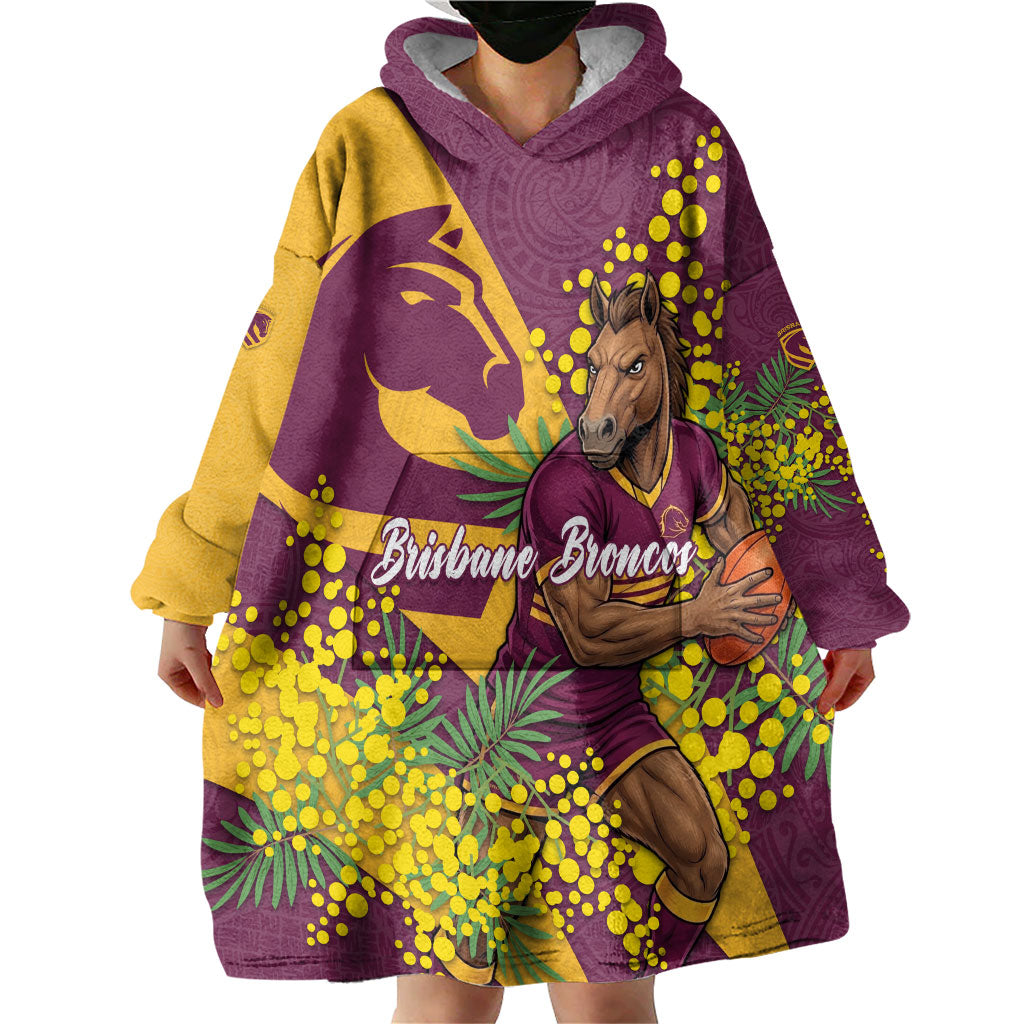 Brisbane Broncos Wearable Blanket Hoodie Golden Wattle Floral Polynesian - Australian Flower - Rugby Mascot