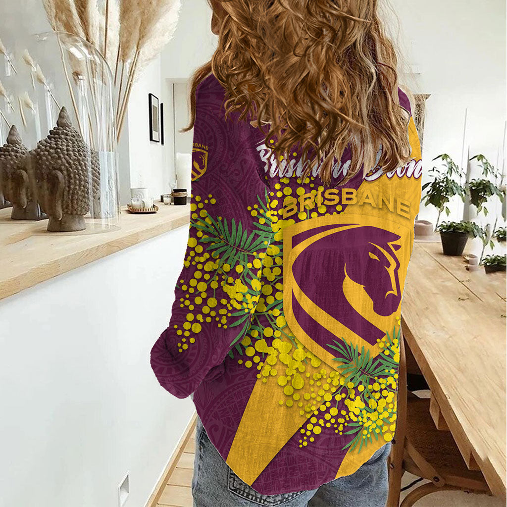 Brisbane Broncos Women Casual Shirt Golden Wattle Floral Polynesian - Australian Flower - Rugby Mascot