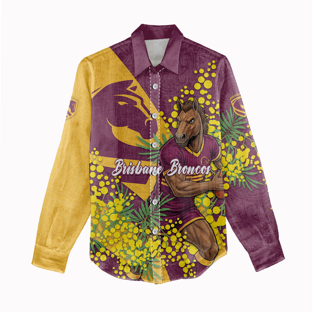 Brisbane Broncos Women Casual Shirt Golden Wattle Floral Polynesian - Australian Flower - Rugby Mascot