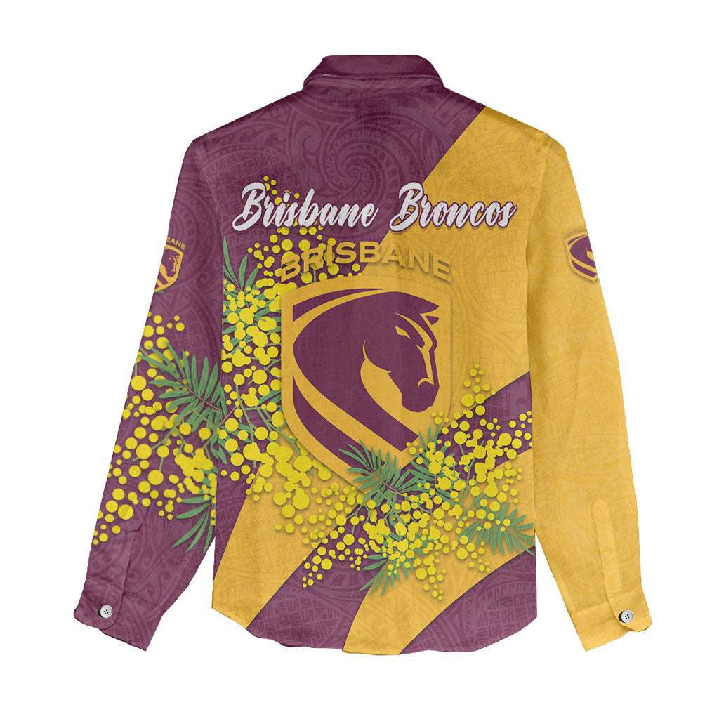 Brisbane Broncos Women Casual Shirt Golden Wattle Floral Polynesian - Australian Flower - Rugby Mascot