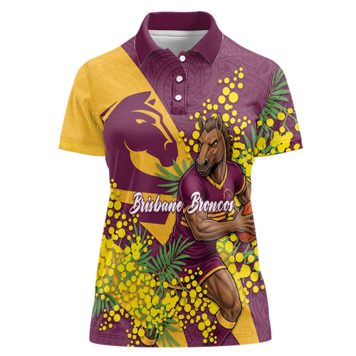 Brisbane Broncos Women Polo Shirt Golden Wattle Floral Polynesian - Australian Flower - Rugby Mascot