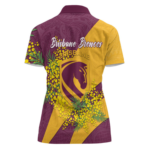 Brisbane Broncos Women Polo Shirt Golden Wattle Floral Polynesian - Australian Flower - Rugby Mascot