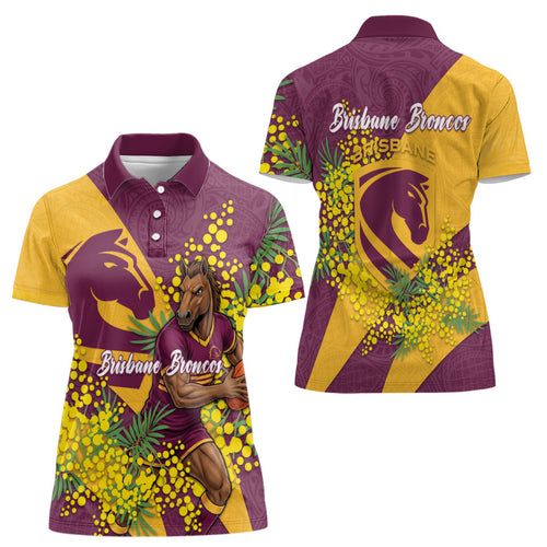Brisbane Broncos Women Polo Shirt Golden Wattle Floral Polynesian - Australian Flower - Rugby Mascot