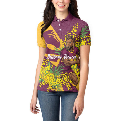 Brisbane Broncos Women Polo Shirt Golden Wattle Floral Polynesian - Australian Flower - Rugby Mascot