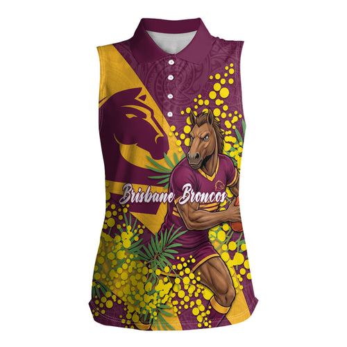Brisbane Broncos Women Sleeveless Polo Shirt Golden Wattle Floral Polynesian - Australian Flower - Rugby Mascot