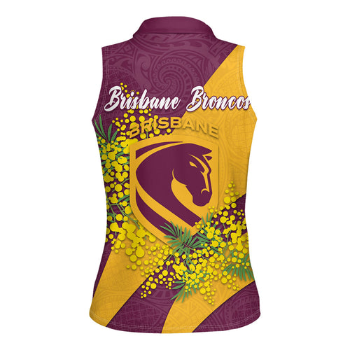 Brisbane Broncos Women Sleeveless Polo Shirt Golden Wattle Floral Polynesian - Australian Flower - Rugby Mascot
