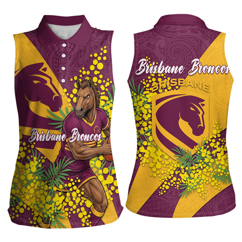 Brisbane Broncos Women Sleeveless Polo Shirt Golden Wattle Floral Polynesian - Australian Flower - Rugby Mascot